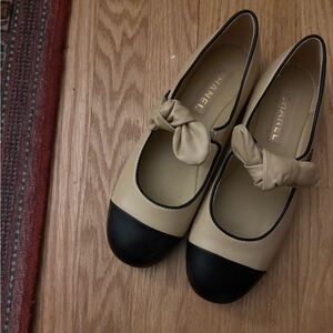 CHANEL Women's Black and Tan Beige Bow Mary Jane Flats